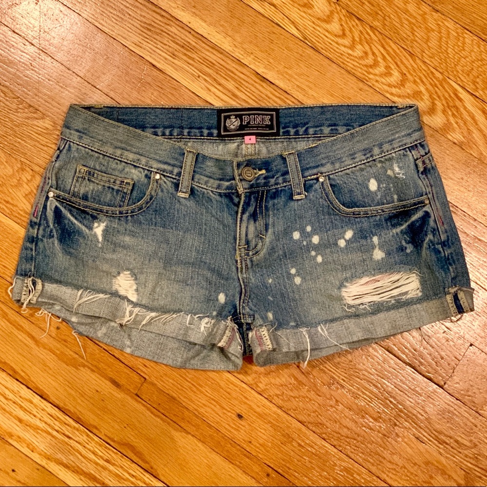 Pink distressed denim shorts, 4